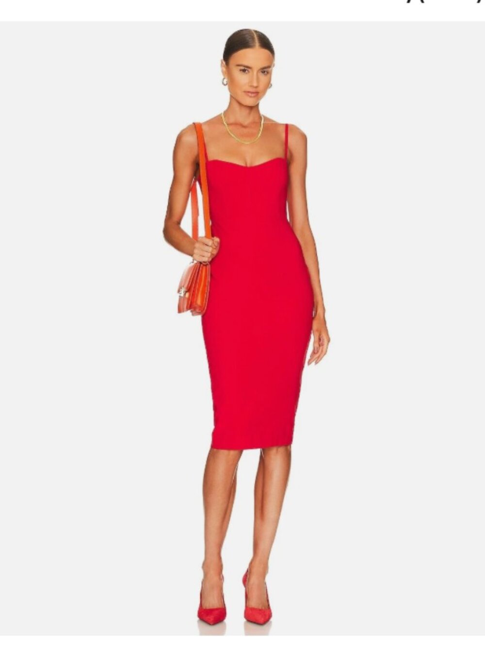 NWT NOOKIE Allure Dress Cherry Red Spaghetti Strap Bodycon Knee midi medium
